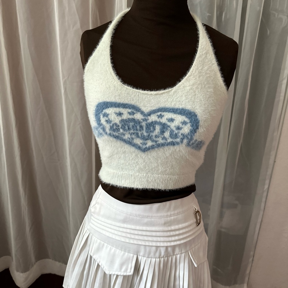 Fuzzy Mohair Y2k White and Blue Halter Top
